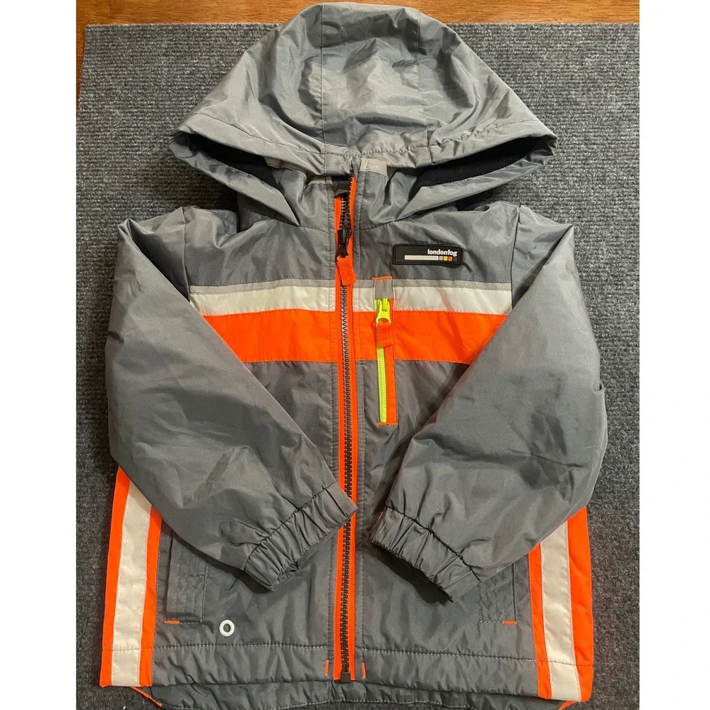 London Fog Boys Grey Orange Colorblock Fleece Lined Hooded Jacket 3T